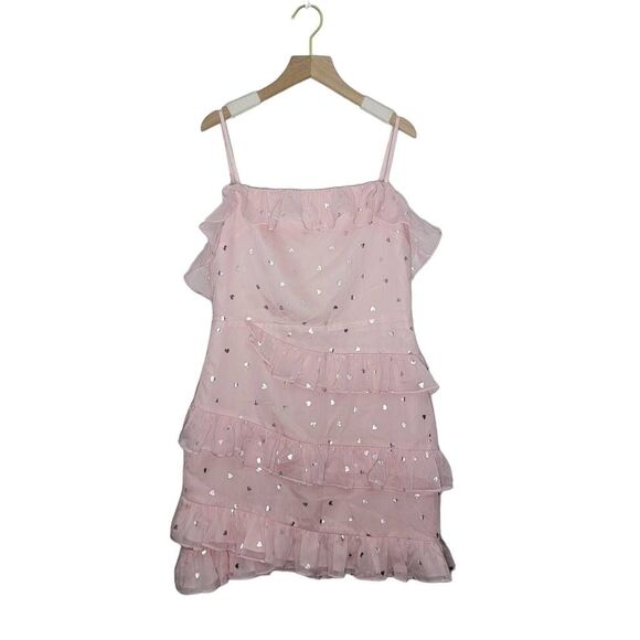 Lovers + Friends Pink Ruffle Dress Size Medium Silver Hearts - Picture 1 of 7